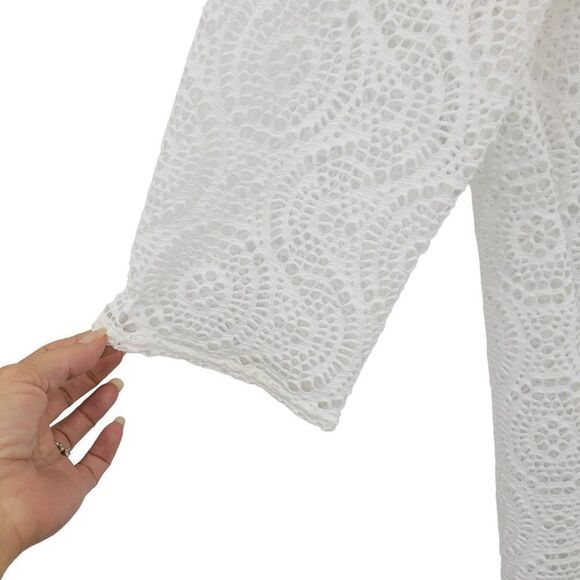 Laundry by Shelli Segal Swimsuit Coverup S White Lace 3/4 Sleeve Tunic Tie Neck - Picture 7 of 14